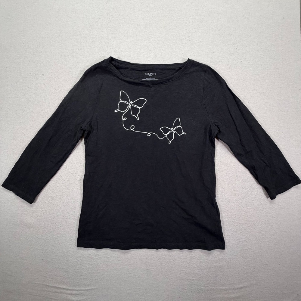 Talbots Graphic Tee Womens L Good Black Butterfly 3/4 Sleeve Cotton Top